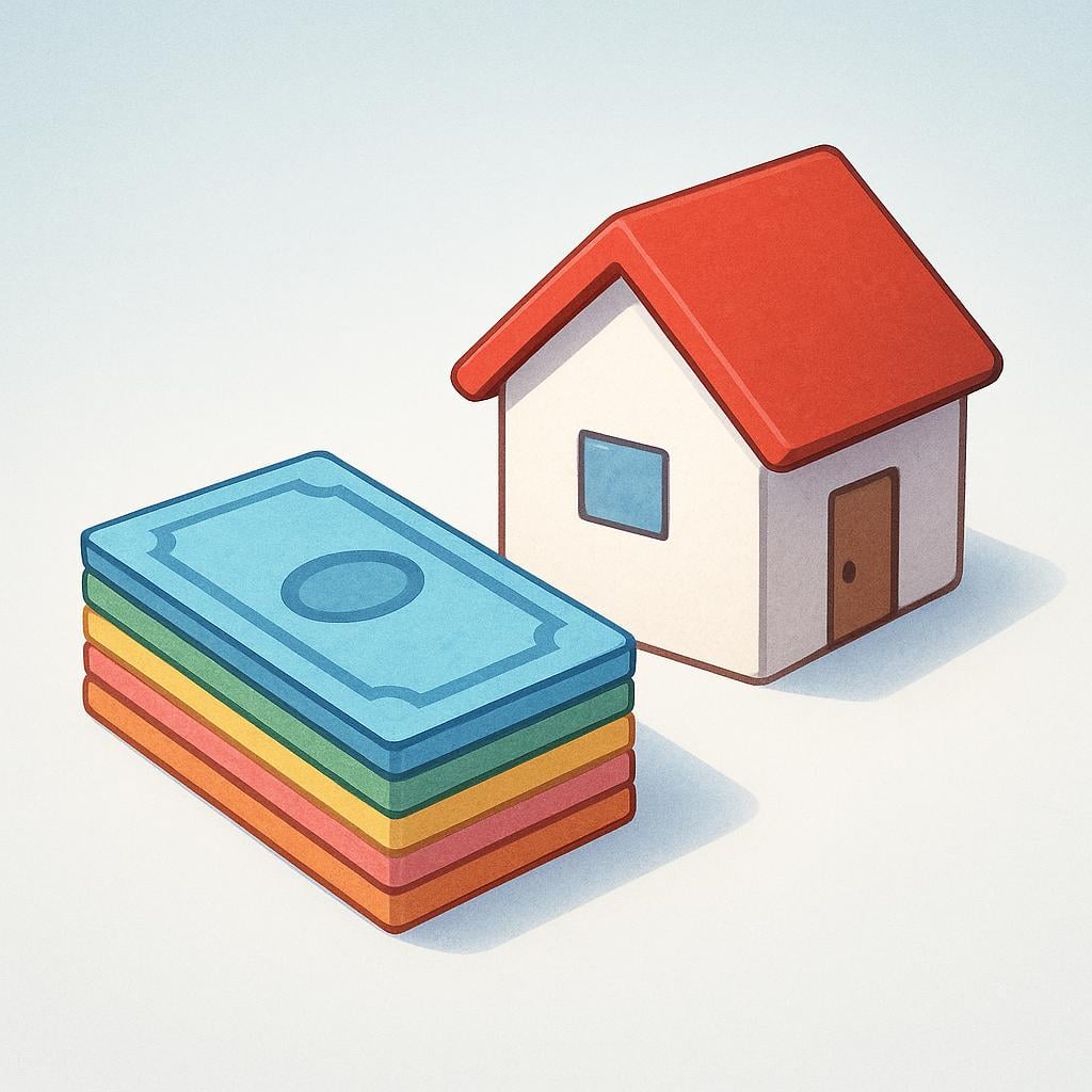 A small stack of colorful paper money placed directly next to a miniature, simple model of a house.