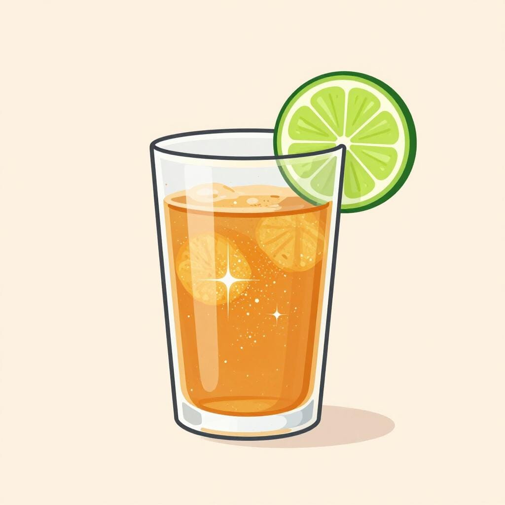 A glass of sparkling golden liquid with bubbles and a slice of lime on the rim.