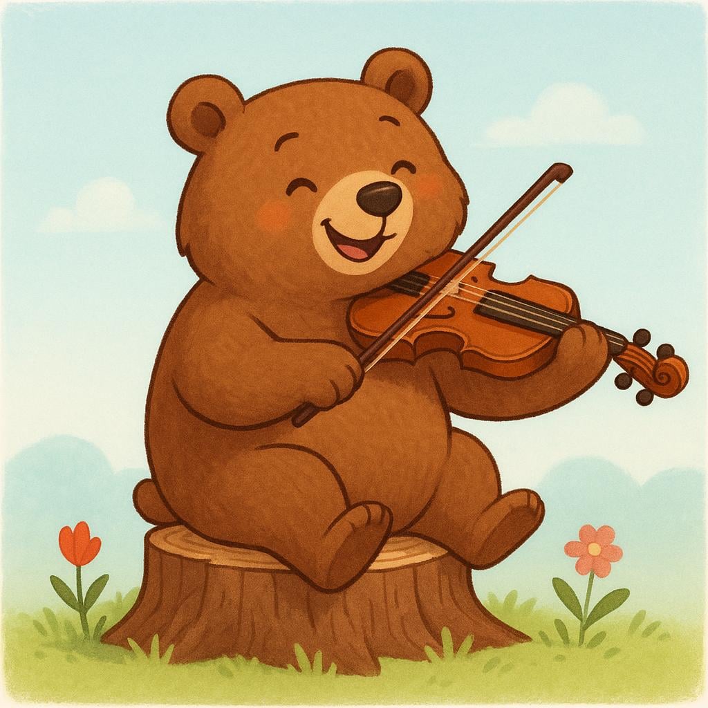 A happy bear sitting on a wooden tree stump, actively playing a small wooden violin with a bow.