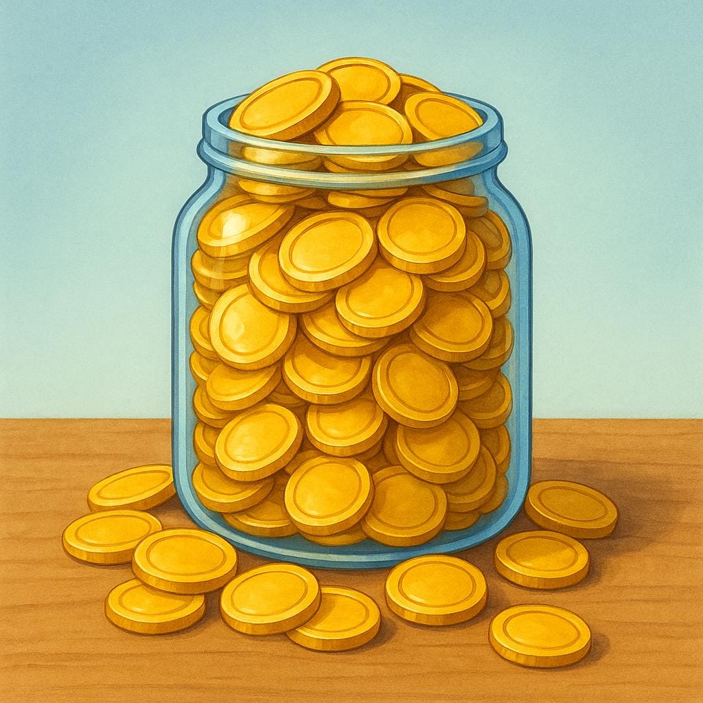 A clear glass jar filled to the brim with shiny gold coins, sitting on a plain surface, representing savings or funds.