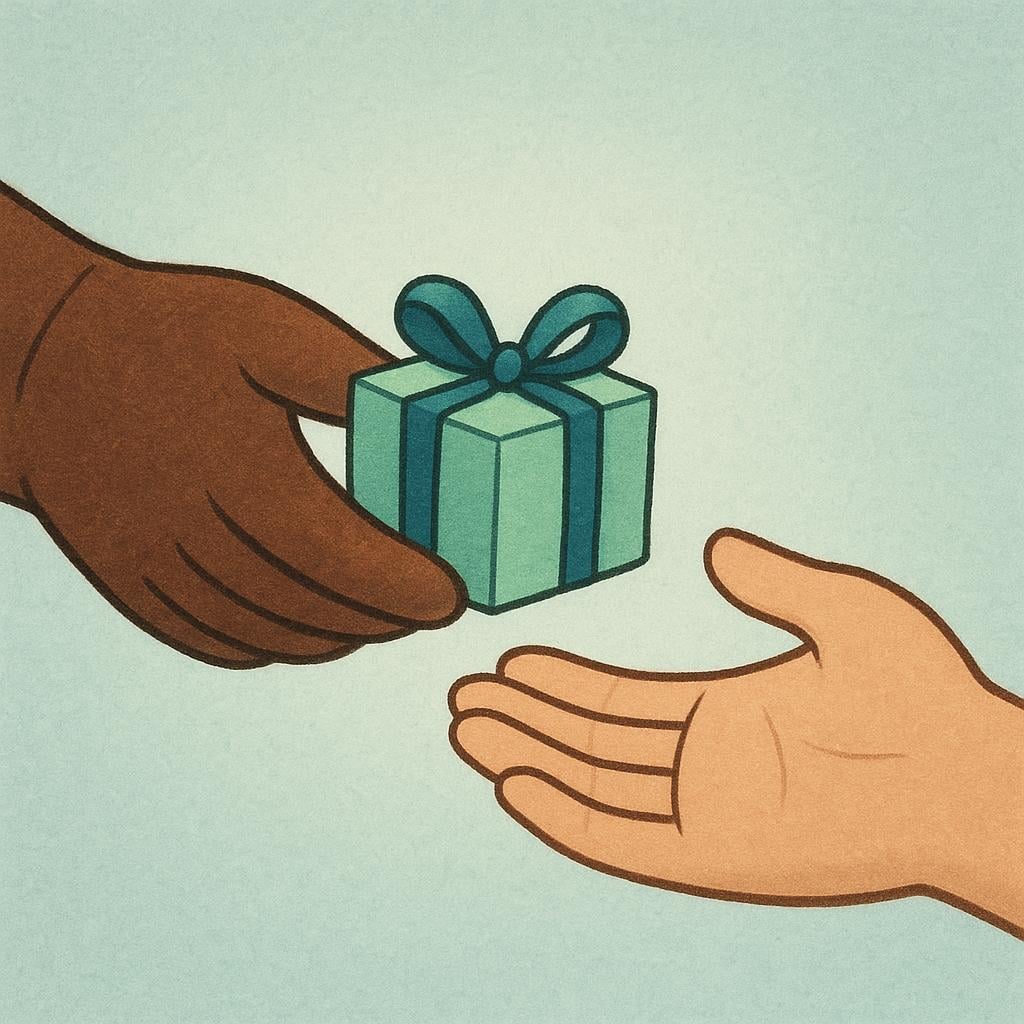 A simple illustration showing one hand passing a small, wrapped gift box to an open human hand, representing the act of receiving or acknowledging receipt.