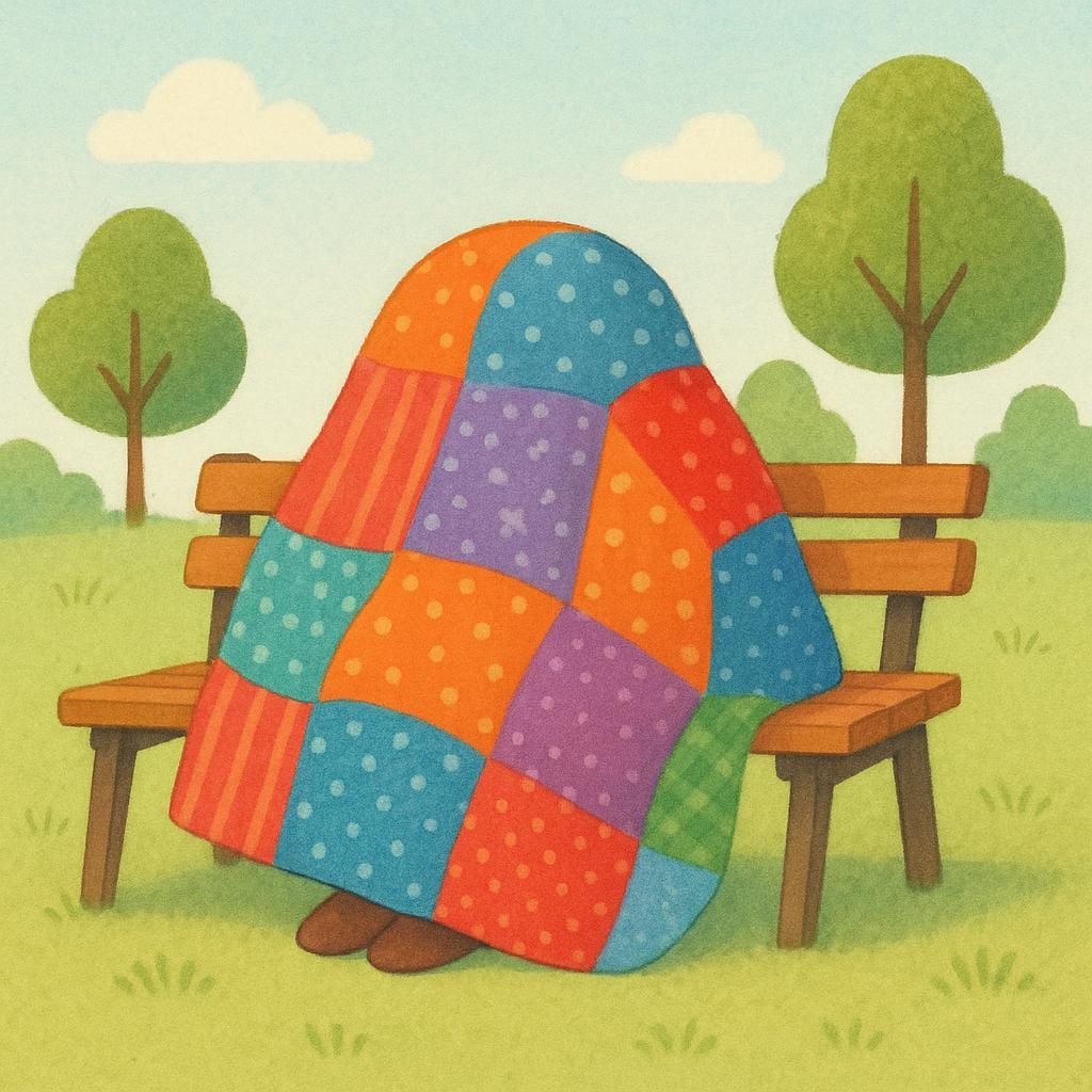 A person sitting alone on a park bench, completely hidden under a large, colorful blanket, illustrating emotional withdrawal.