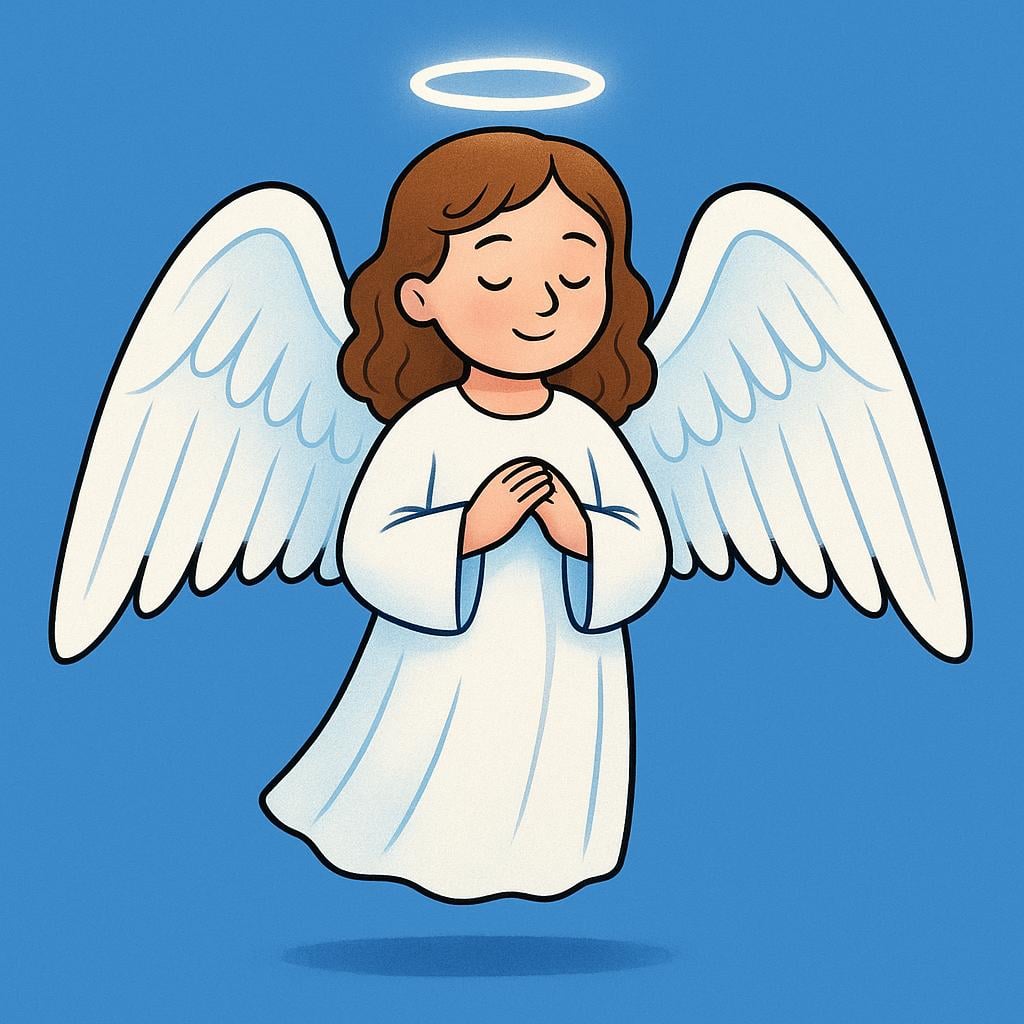 A winged celestial being with a halo floating in a clear blue sky.