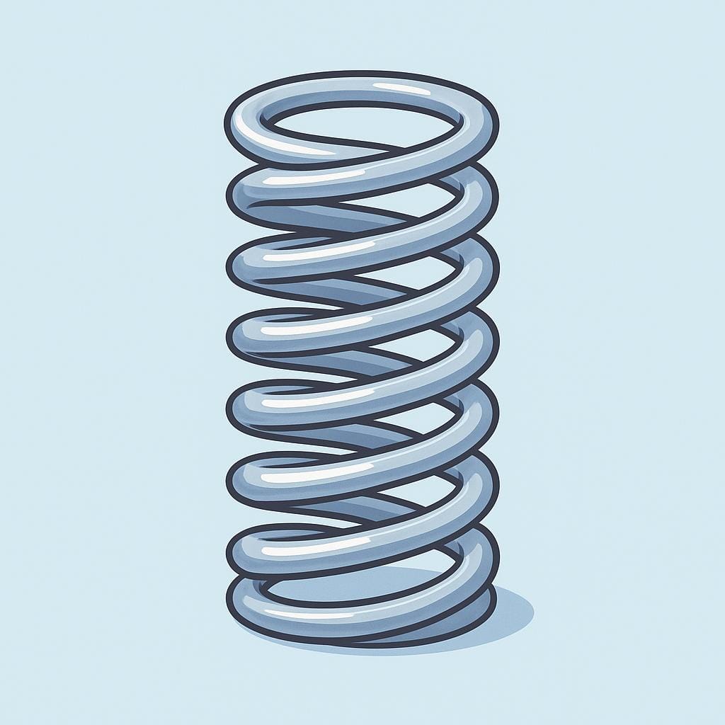 A single, large, silver helical coil spring standing upright on a solid-colored background.