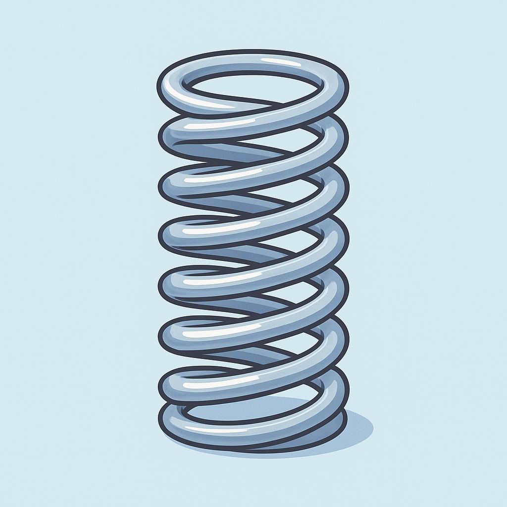 A single, large, silver helical coil spring standing upright on a solid-colored background.