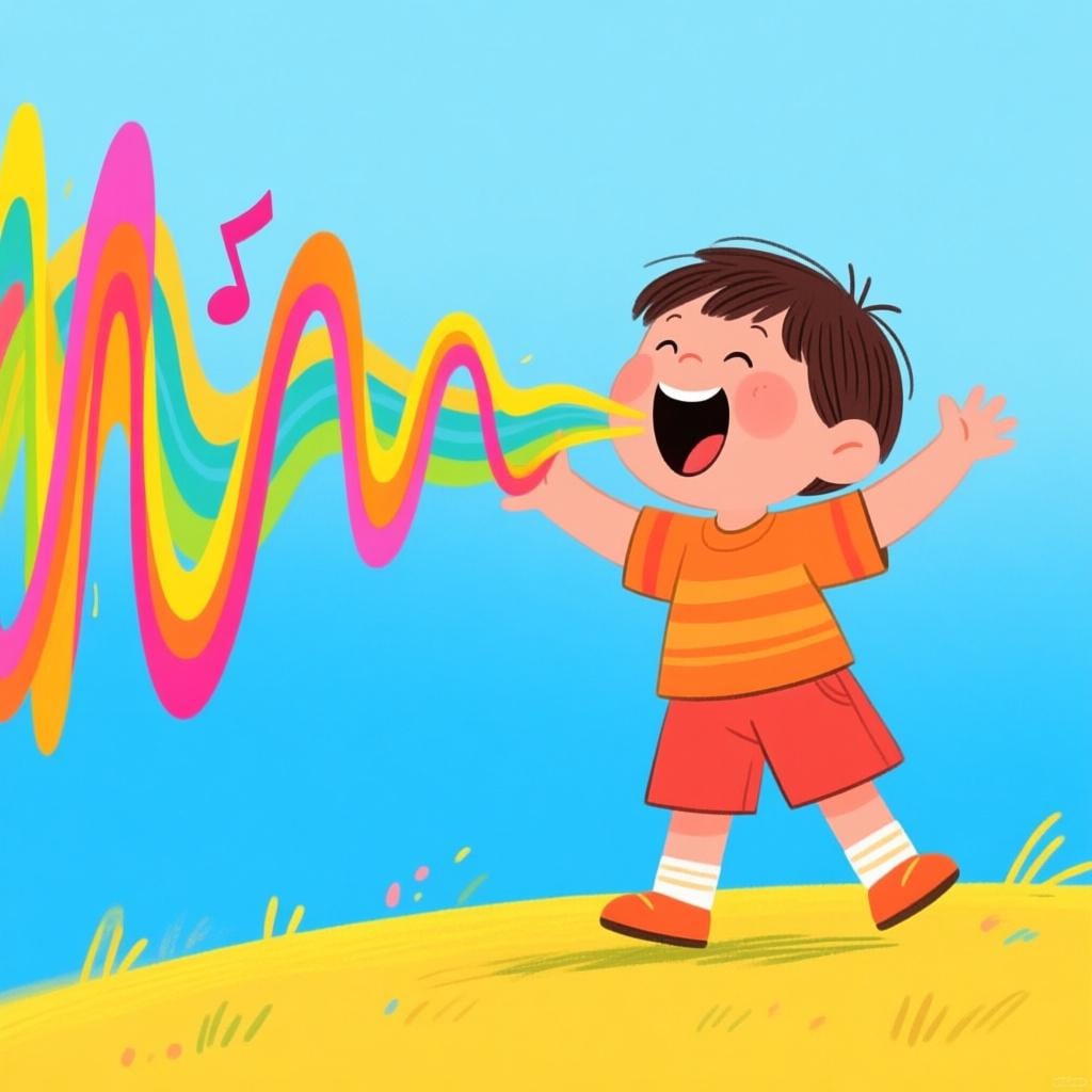 A happy child singing loudly, with bright, colorful undulating sound waves clearly visible emanating from their open mouth and traveling across the scene.
