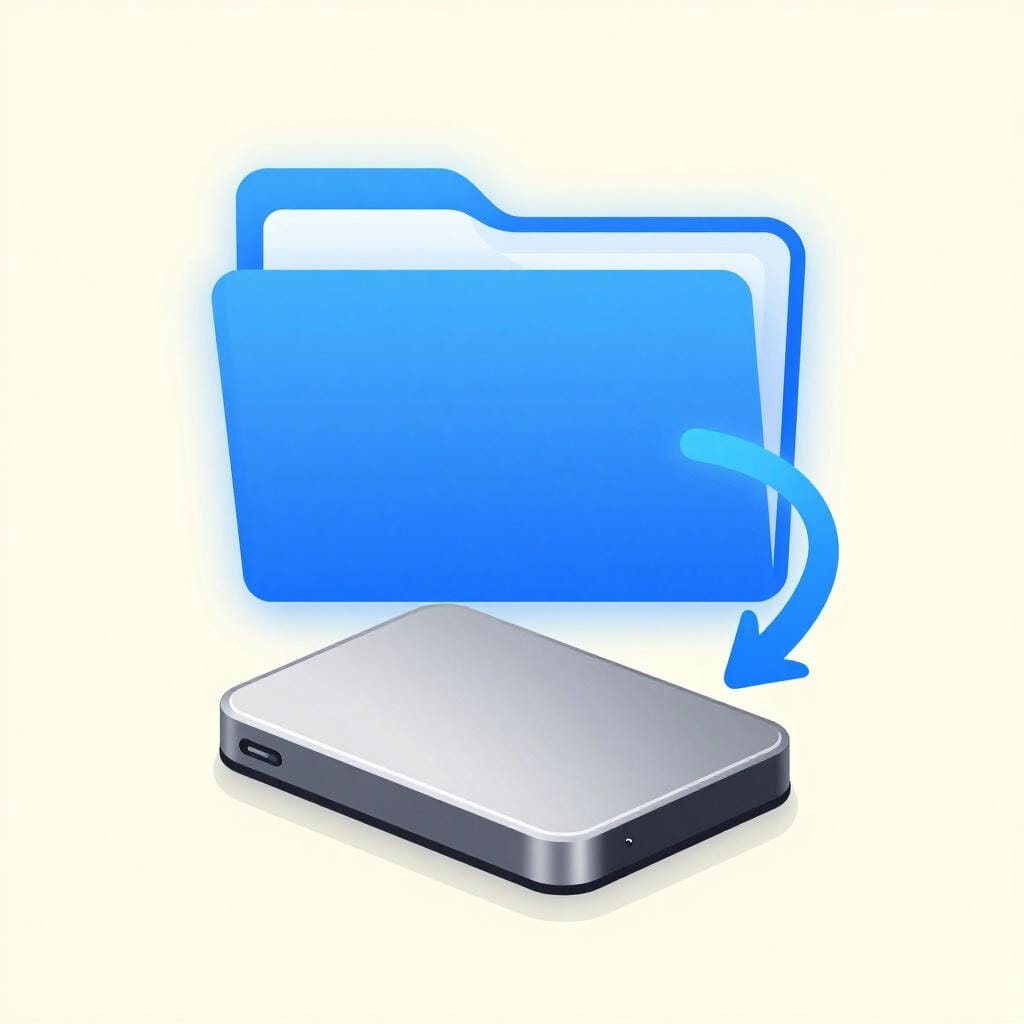 A small external hard drive connected to a glowing computer folder.