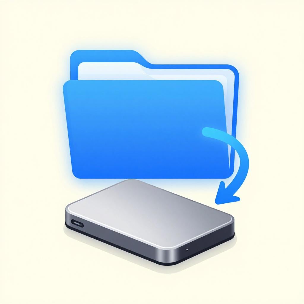 A small external hard drive connected to a glowing computer folder.