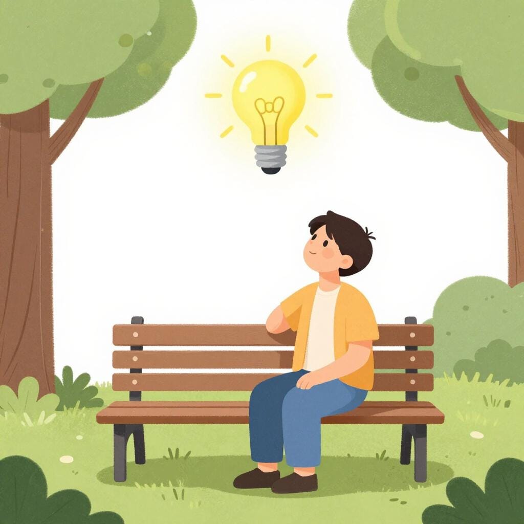 A person sitting on a bench with a thoughtful expression, a lightbulb glowing softly above their head.