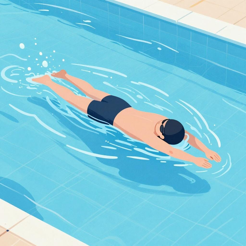 Eine Person schwimmt durch klares blaues Wasser mit sanften Wellen.