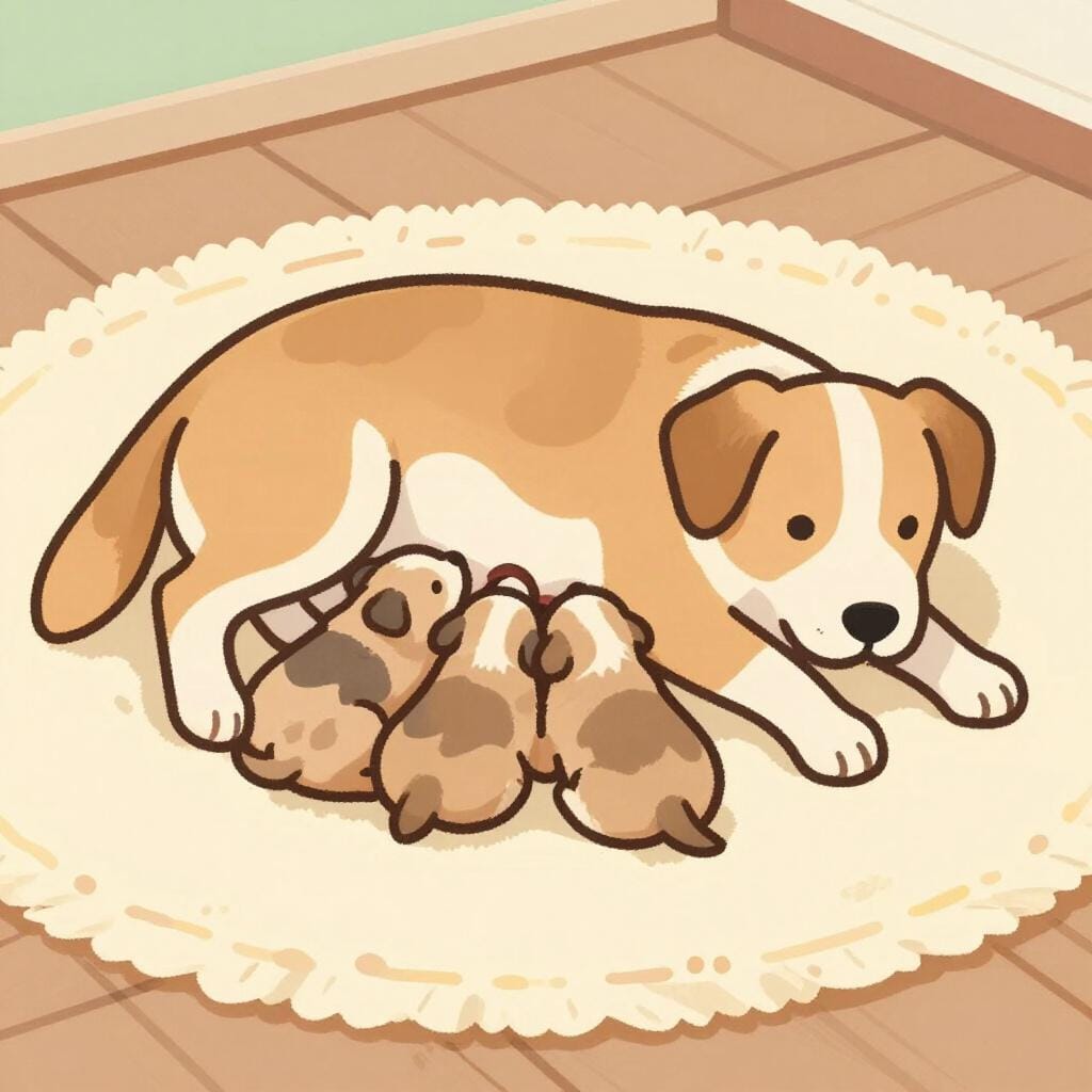 A mother dog nursing her puppies on a soft blanket.