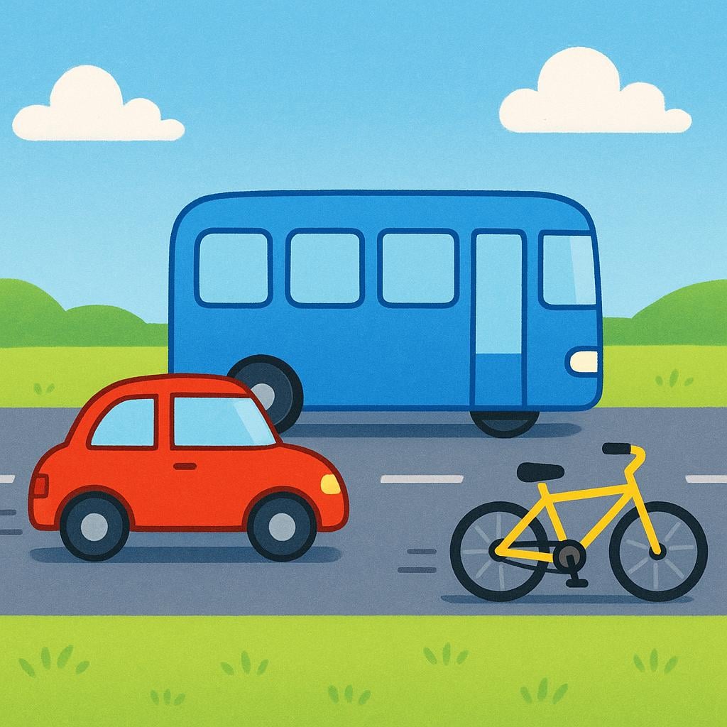 A row of simple transportation vehicles: a red car, a blue bus, and a yellow bicycle, all moving along a road in a sunny landscape.