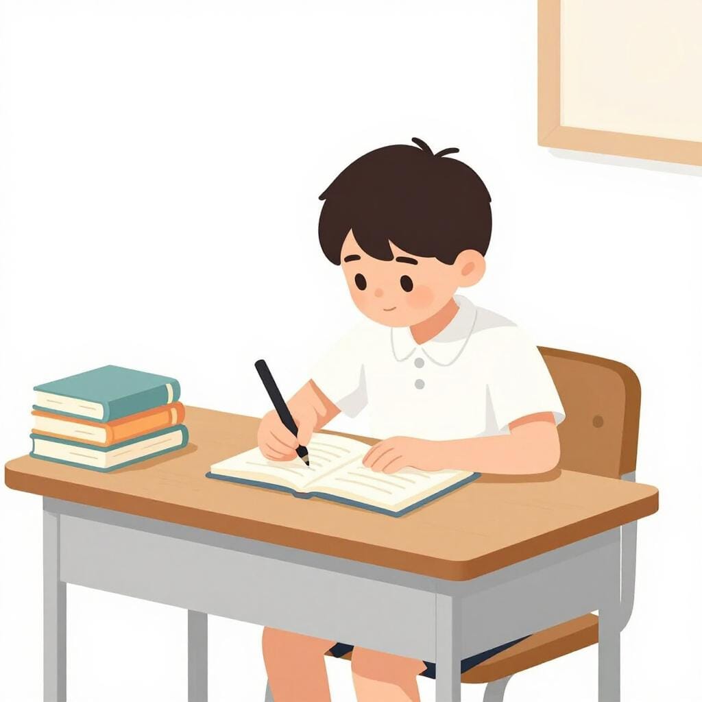 A young student sitting at a desk with a stack of books, focused on writing in a notebook.