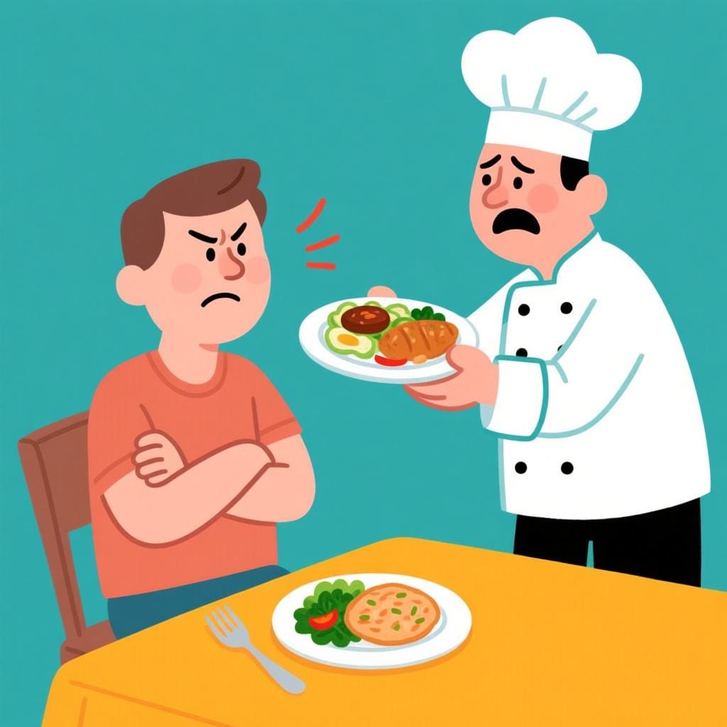 Uno chef di cartoni animati presenta un pasto splendidamente preparato a un cliente schizzinoso che ha le braccia conserte e sta storcendo il naso in segno di rifiuto.