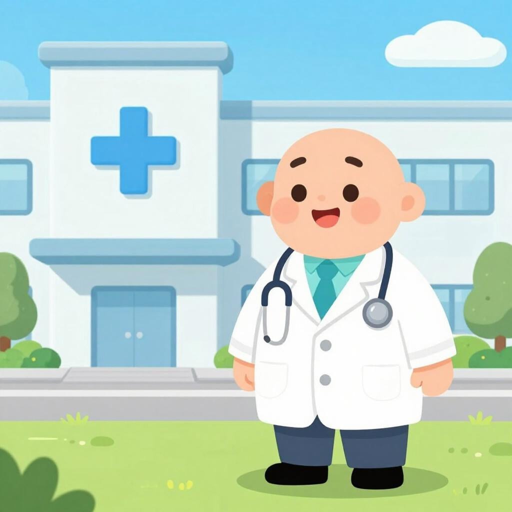 Um médico simpático de jaleco branco segurando um estetoscópio, em frente a um edifício médico moderno.