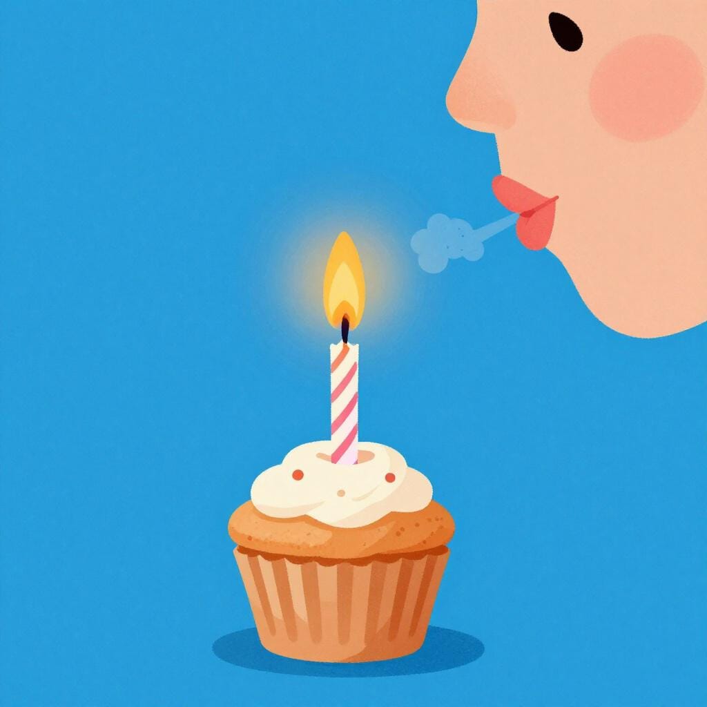 A child blowing out a single candle on a small cupcake.