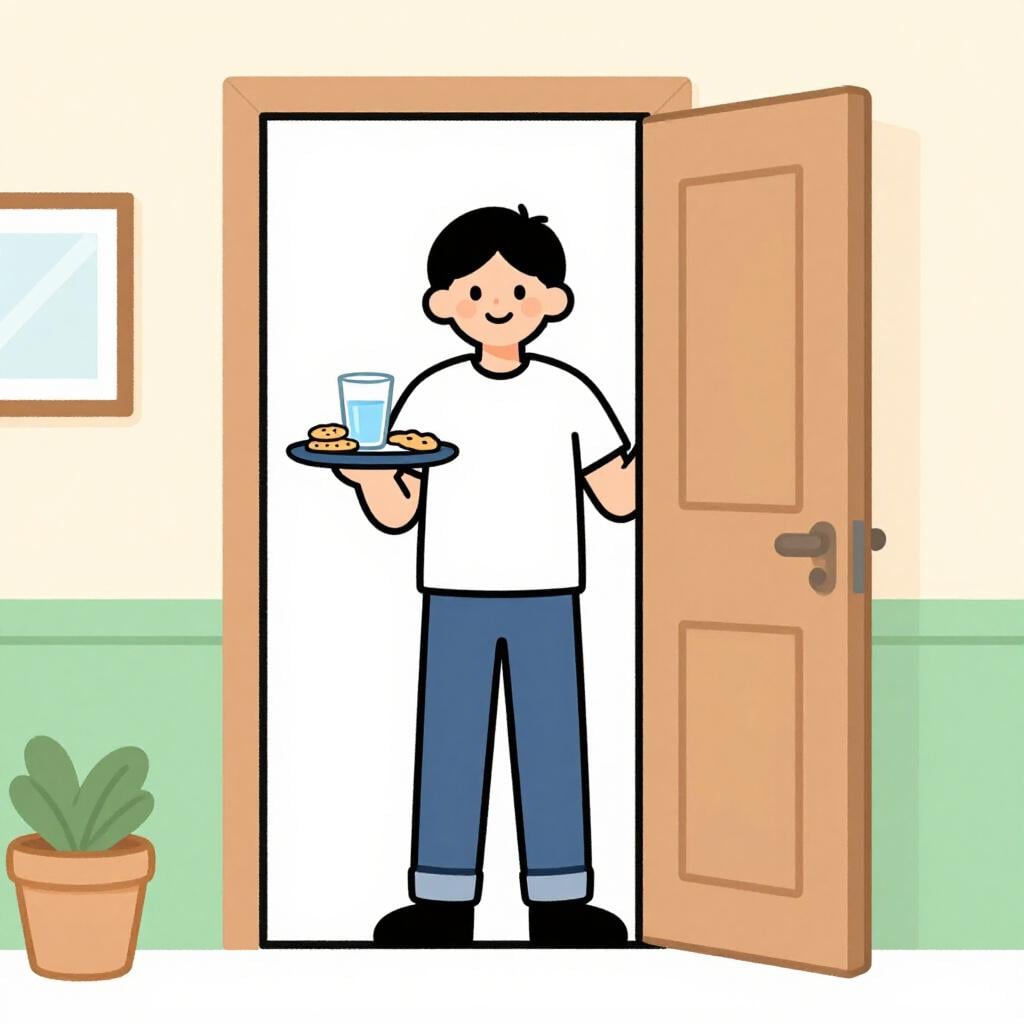 Een vriendelijk lachend persoon die een dienblad met een glas water en een bord koekjes voor een gast vasthoudt.