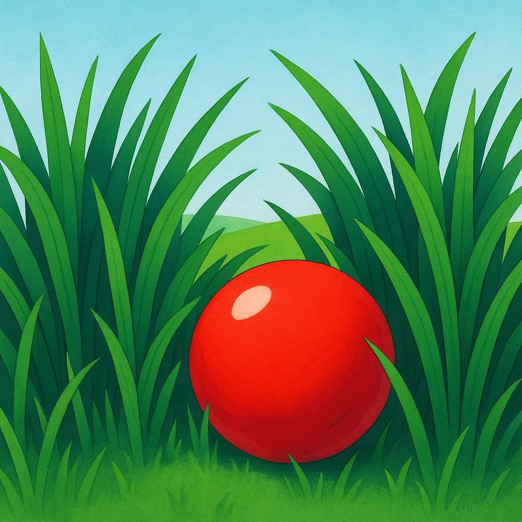 A bright red rubber ball is partially obscured by tall, dense green grass, suggesting it is lost and unable to be found.