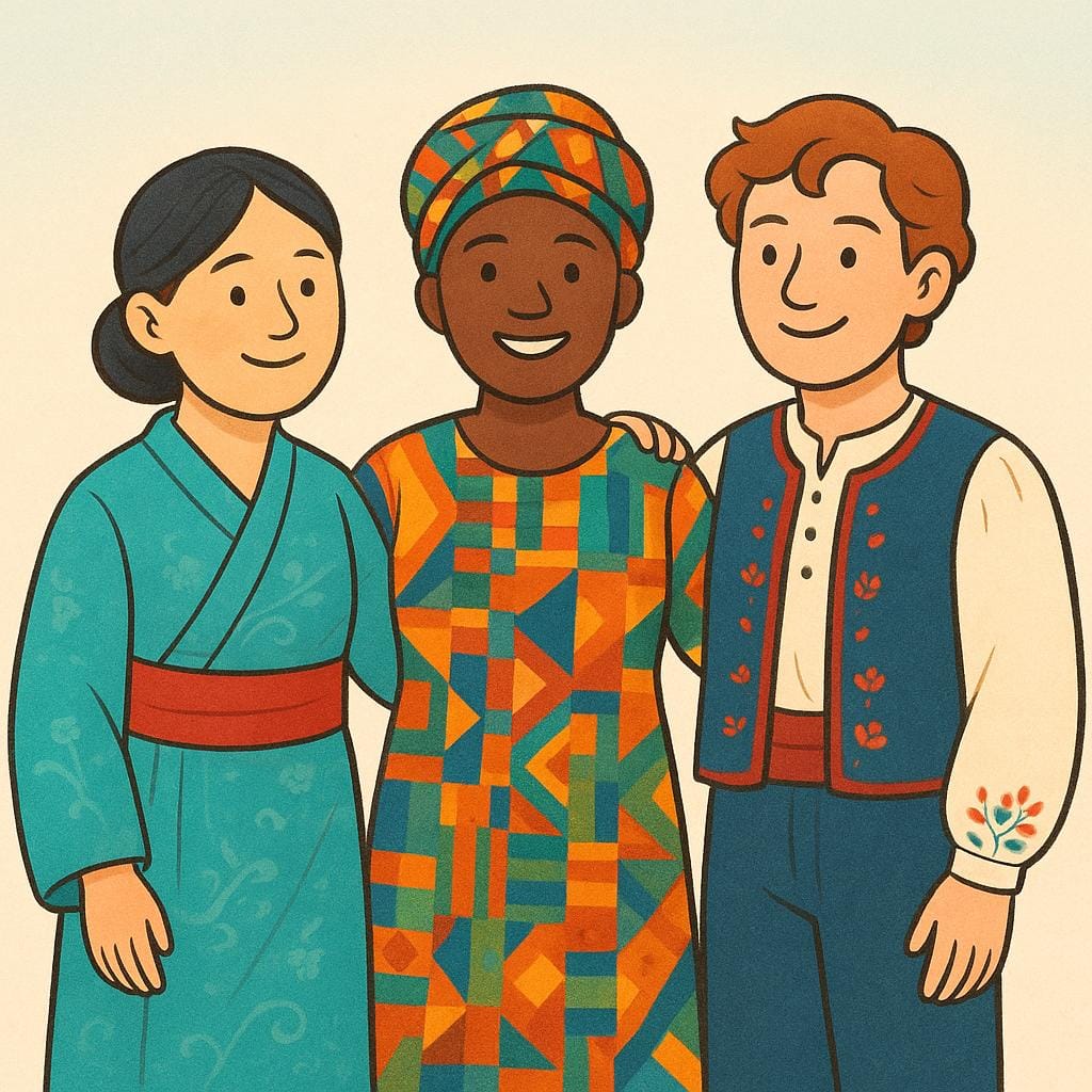 Three diverse individuals standing side-by-side: one in Asian attire, one in African attire, and one in European attire, representing different groups of peoples.