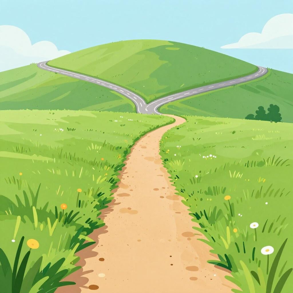 A dirt path cutting through a green field, bypassing a long winding road.