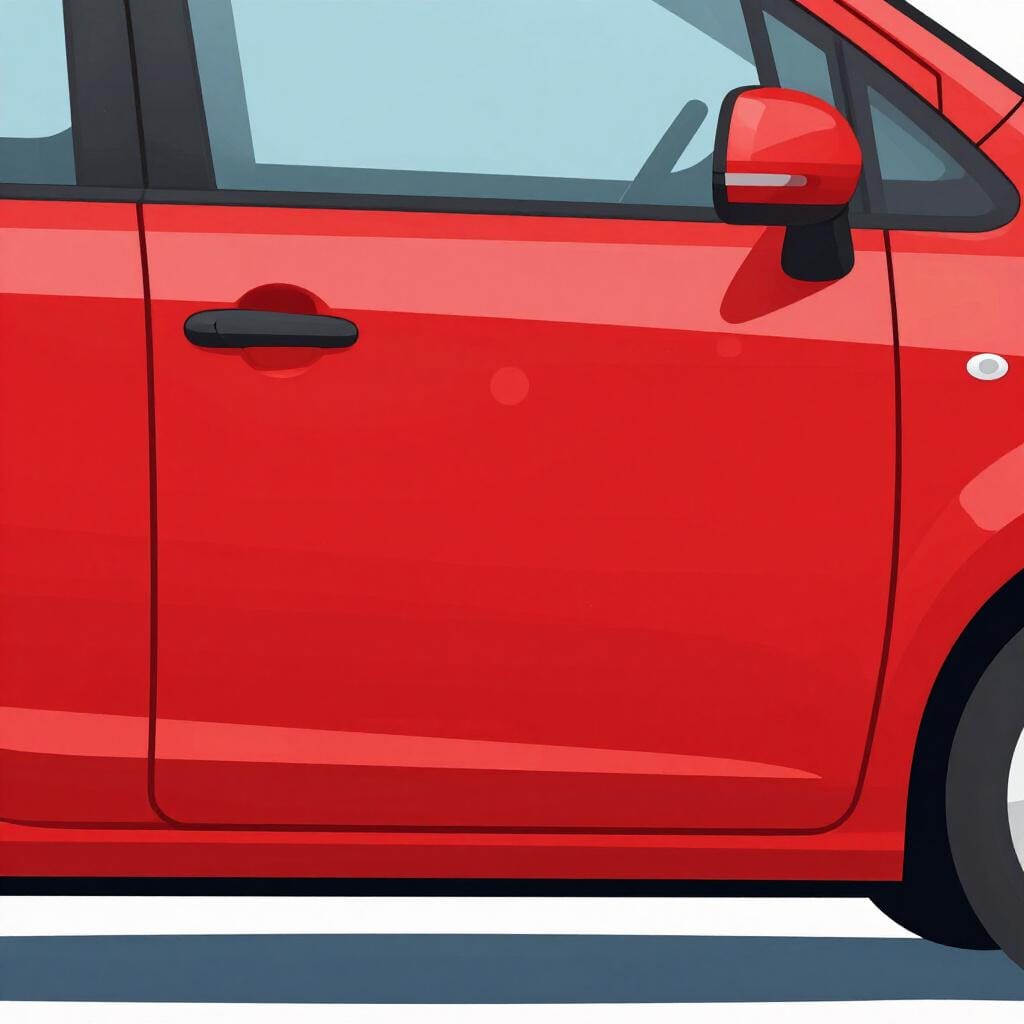 Une bosse visible sur le côté d'une portière de voiture rouge brillante.