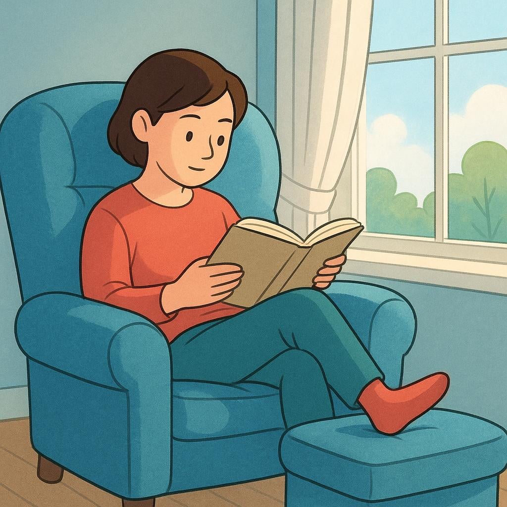 A cozy scene showing a person relaxing in an armchair, deeply engrossed in reading a large book, symbolizing spending time quietly.