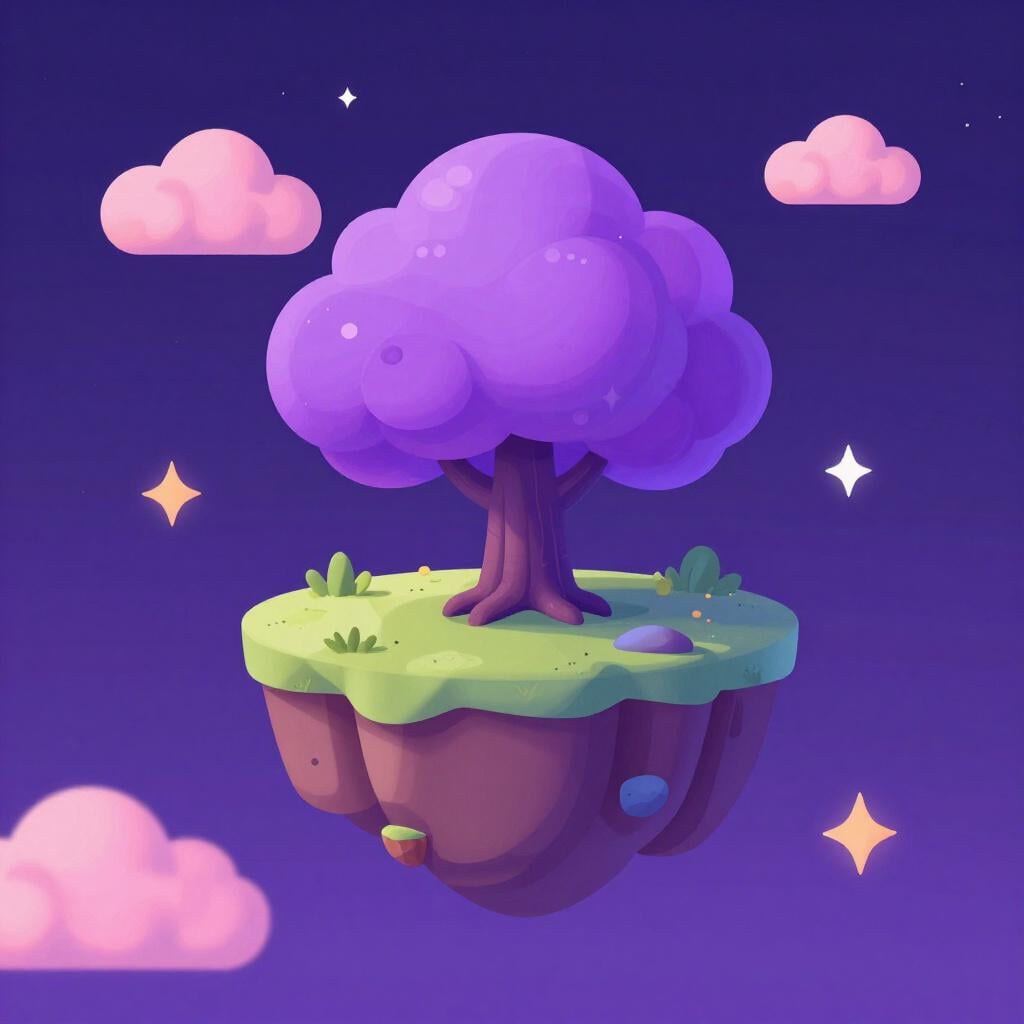 Een zwevend eiland met een gloeiende paarse boom en roze wolken in een sterrenhemel.
