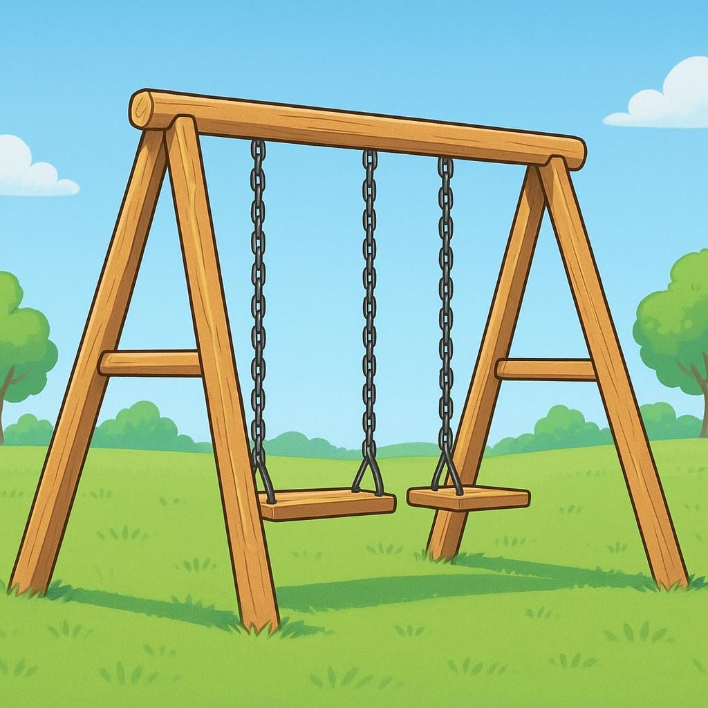 An empty wooden swing set standing alone in a sunny, green park, illustrating the concept of absence.