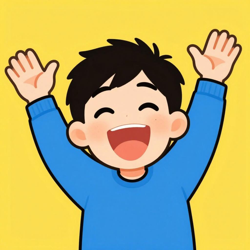 A person with an extremely exaggerated expression of joy and wide eyes, throwing their hands in the air.