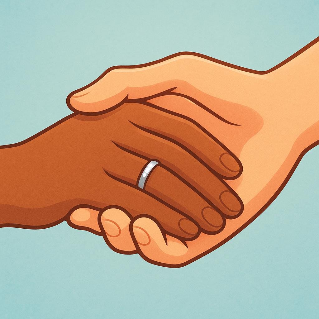 Two hands, one larger and one smaller, gently holding each other, with a simple engagement ring visible on the smaller hand's ring finger, signifying a promise to marry.