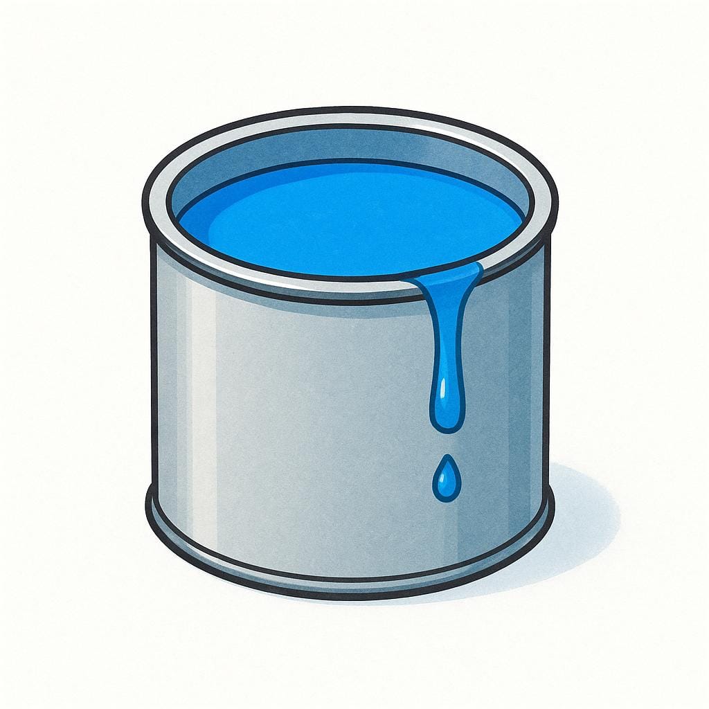 An open can filled with vibrant blue paint, showing a small drip running down the exterior of the can.