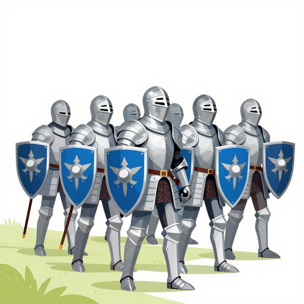 盾を持ち、一緒に前進する鎧を着た騎士たちの列。