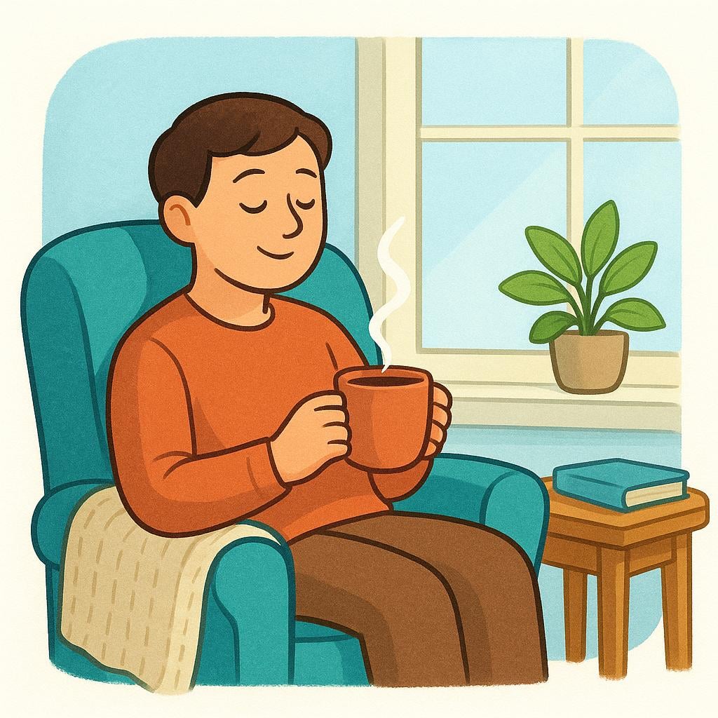 A person sitting peacefully in a comfortable armchair next to a window, holding a cup of tea, expressing deep contentment.