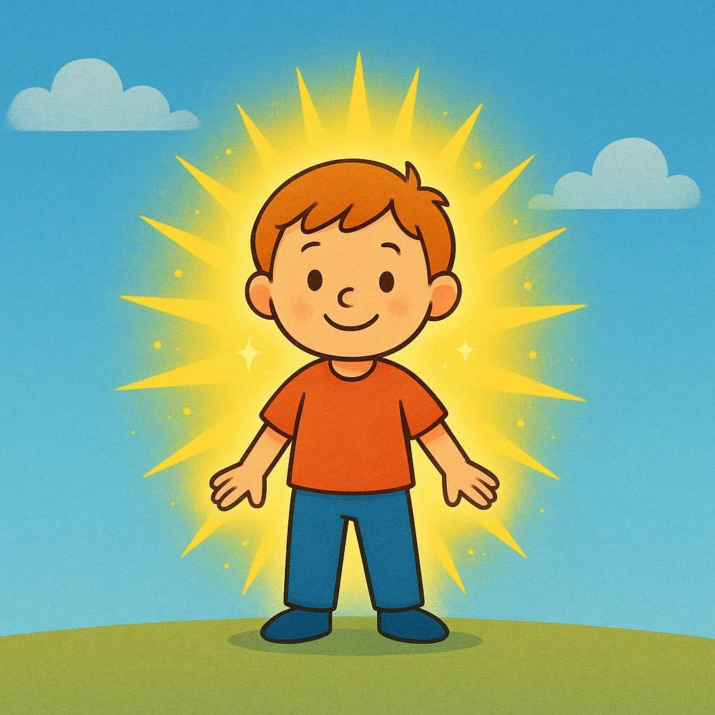 A cartoon illustration of a person with a wide, joyful smile, radiating bright yellow sunbeams of energy, symbolizing happiness and a positive attitude.