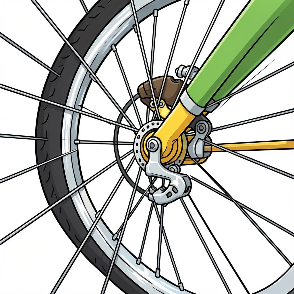 A close-up illustration of a bicycle brake pad gripping a metal wheel rim.