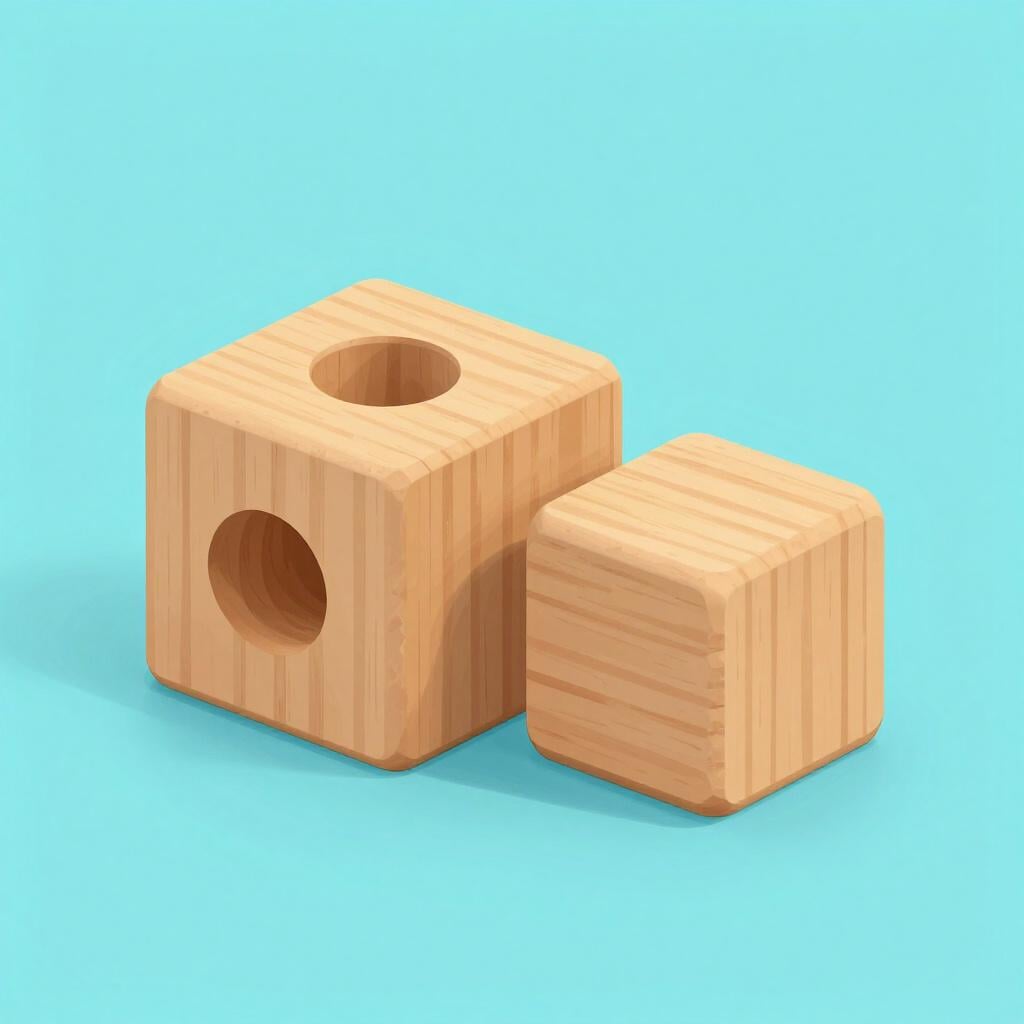 A square peg being pushed toward a round hole in a wooden block.