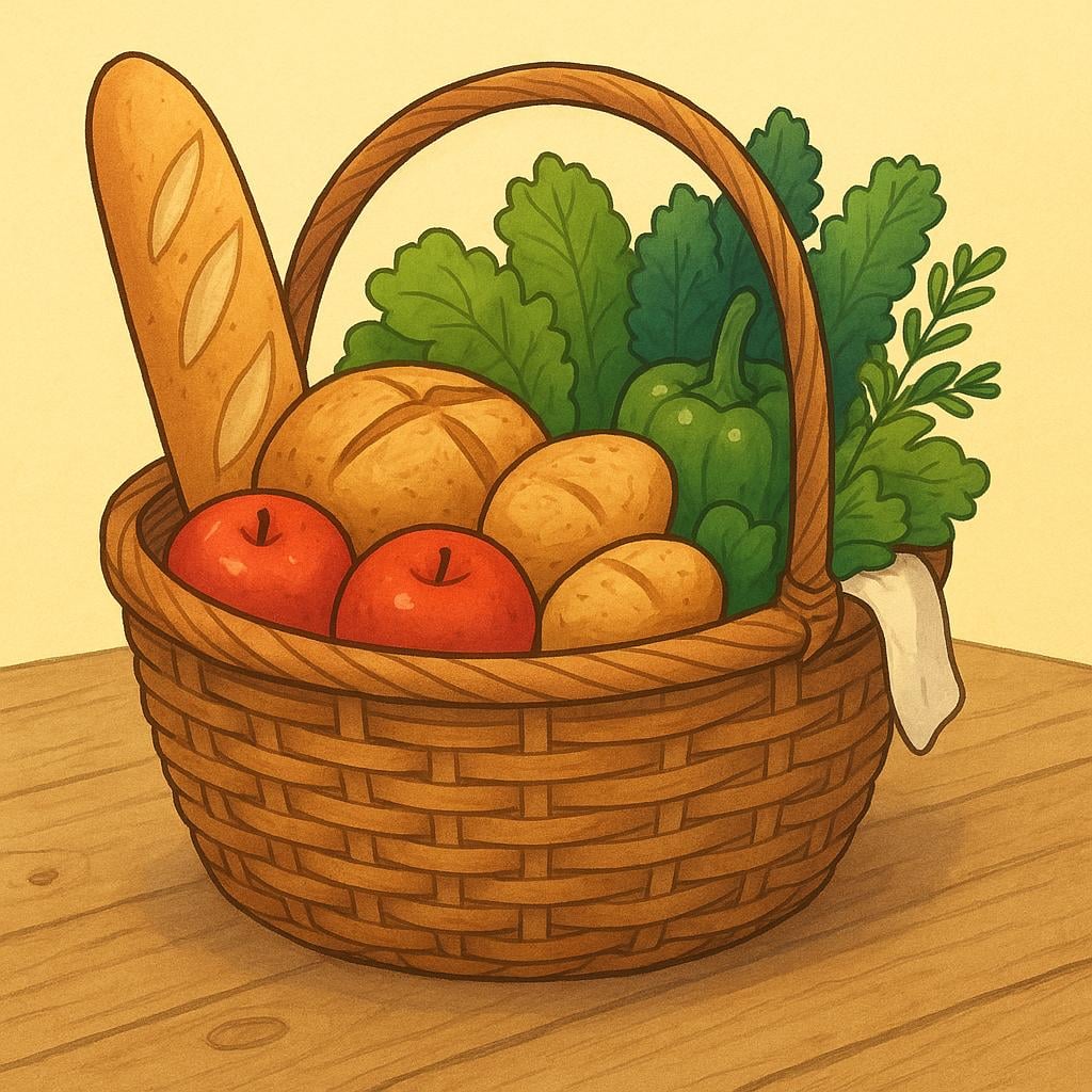 A large basket overflowing with fresh bread, fruits, and vegetables on a wooden table.