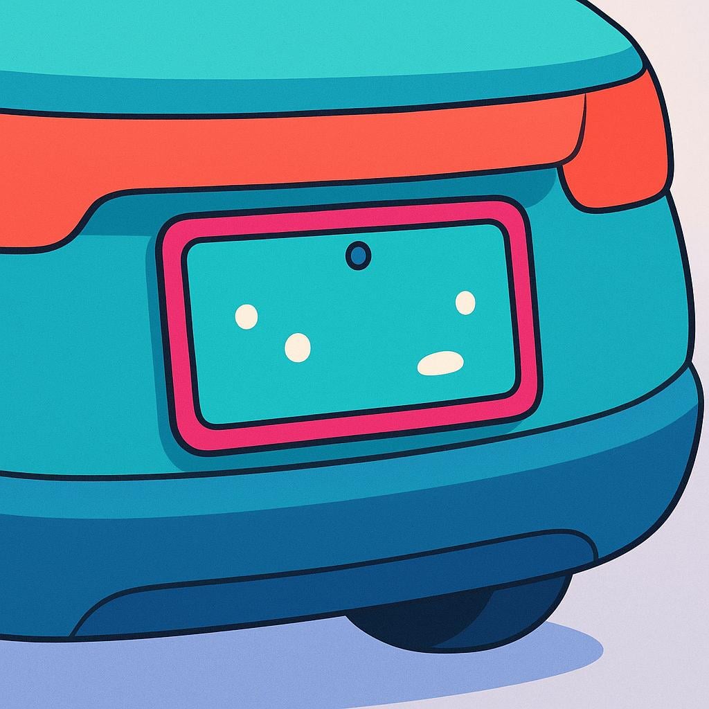 A rectangular, brightly colored license plate attached to the rear bumper of a simplified car.