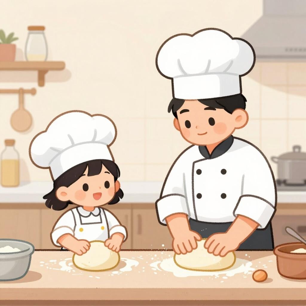 A child in a chef's hat and apron copying the actions of an adult chef by kneading dough on a wooden table.
