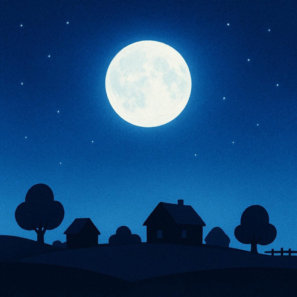A scene depicting deep night. A large, bright full moon is centered high in a dark, deep blue sky, casting subtle light over the silhouette of a sleeping landscape featuring a house and trees.