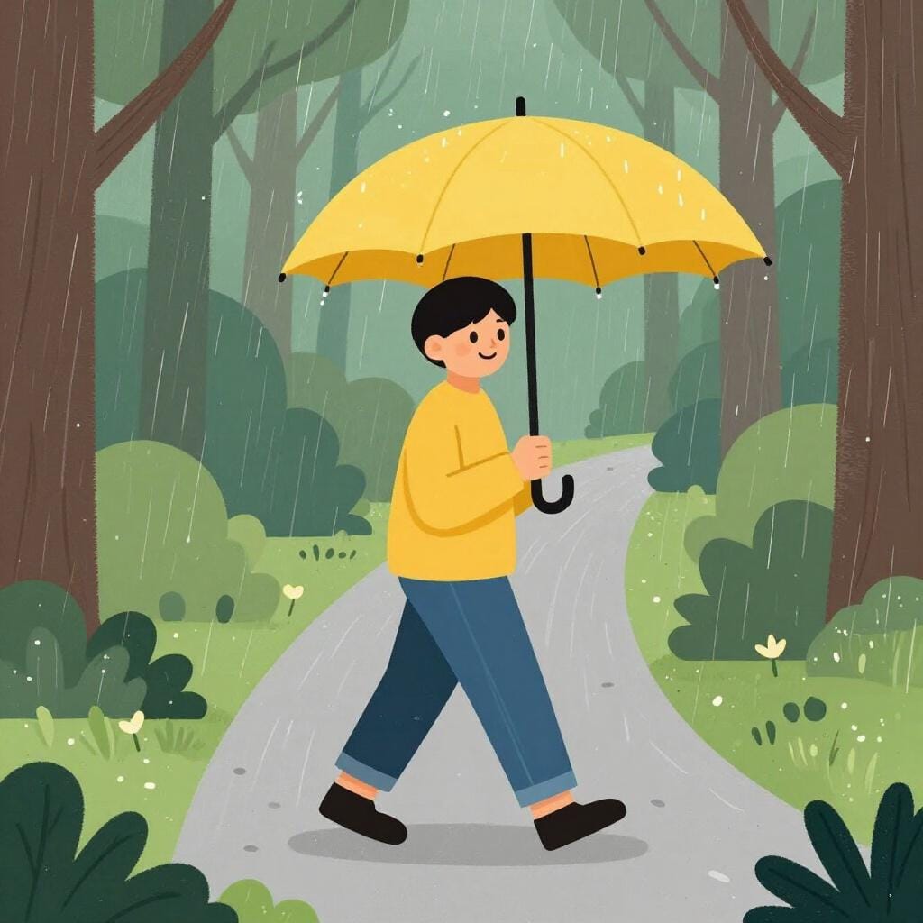 Un randonneur marchant sur un sentier sous la pluie avec un parapluie jaune vif.