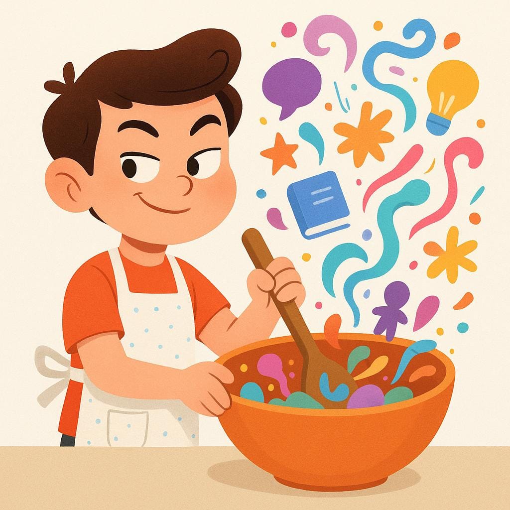 Un personaggio con un cappello da chef e un grembiule, che mescola umoristicamente forme astratte colorate che rappresentano idee o parole in una gigantesca ciotola.