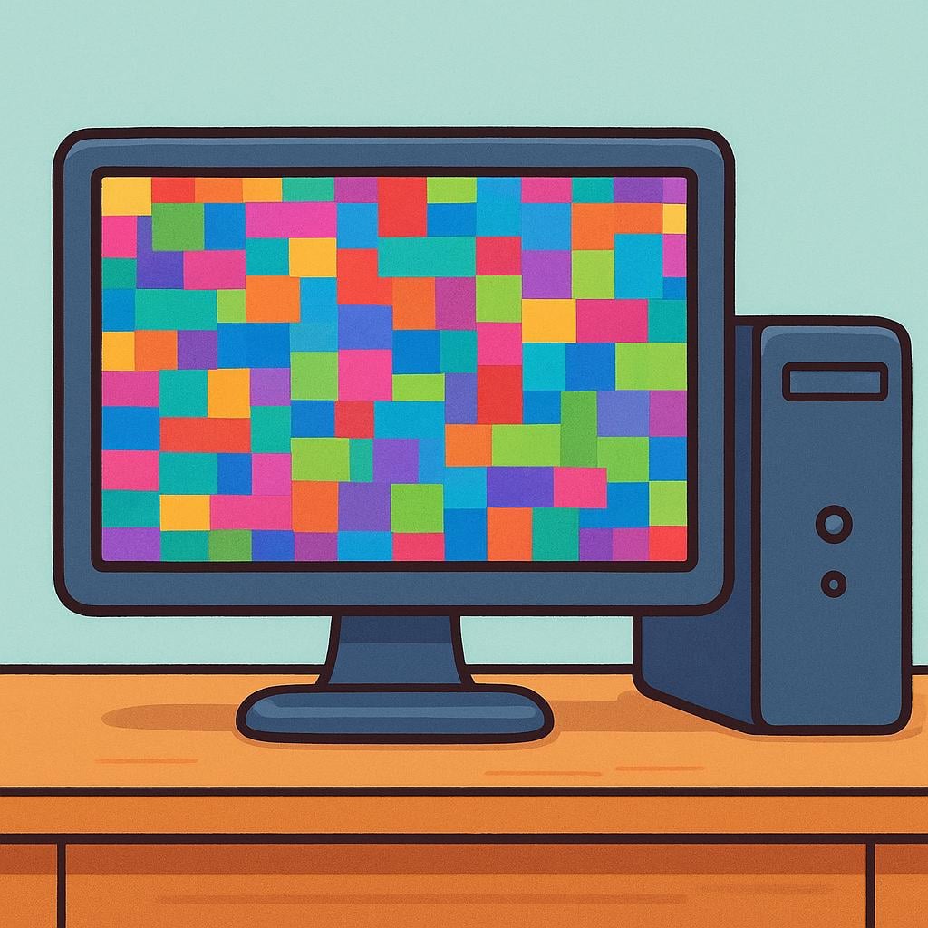 A computer screen is frozen and filled with chaotic, brightly colored static, symbolizing a system crash.