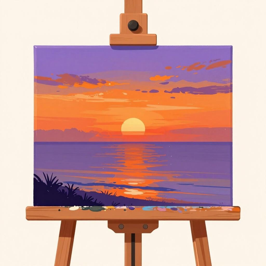 Ein farbenfrohes Gemälde auf einer Leinwand, das einen strahlenden Sonnenuntergang über einem ruhigen Meer zeigt.