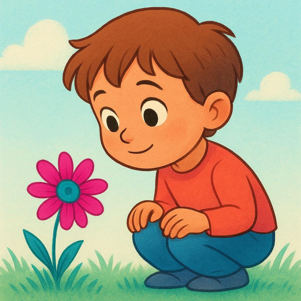 目を大きく見開いた幼い子供が虫眼鏡を持ち、一輪のカラフルな花を見つめており、気づきや理解の瞬間を示している。