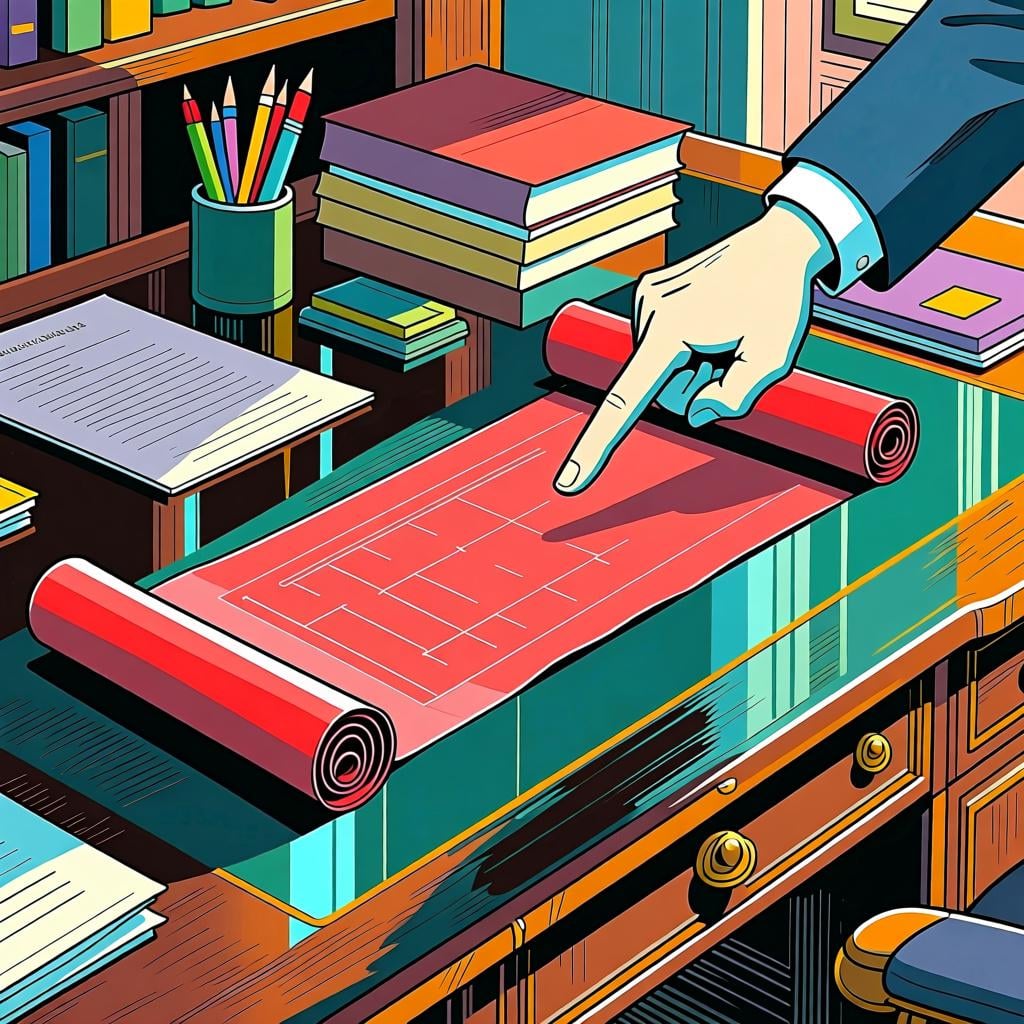 A close-up shot of an adult hand pointing definitively at a specific, bright red scroll lying on a mahogany desk, distinguishing it as the 'aforementioned' item.