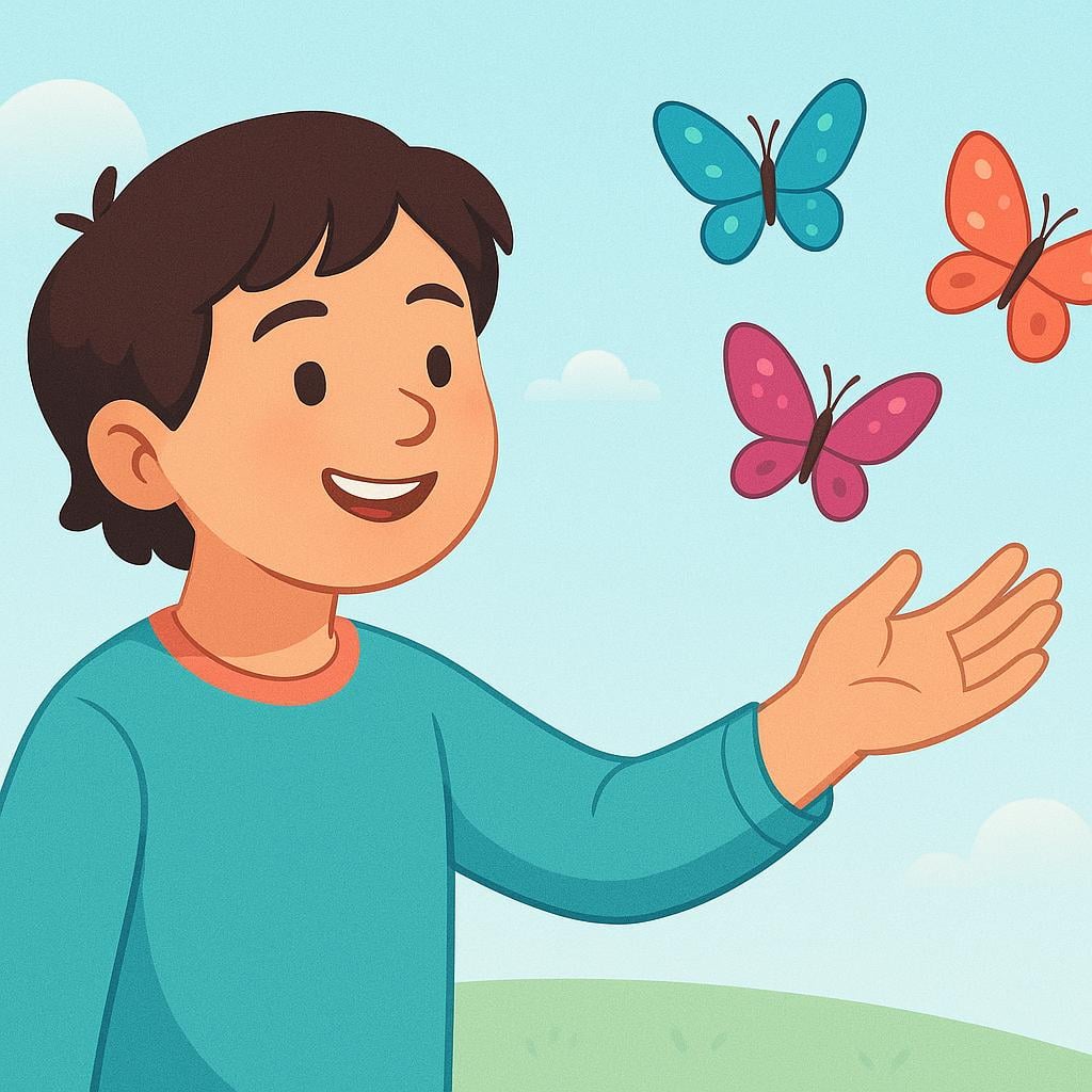 A cheerful young person smiling happily at three brightly colored butterflies flying near them, illustrating the concept of liking multiple things.