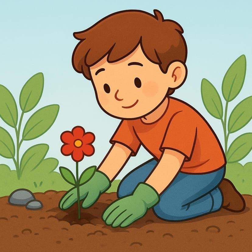 A young person is kneeling in a garden, carefully planting a small red flower into the soil.