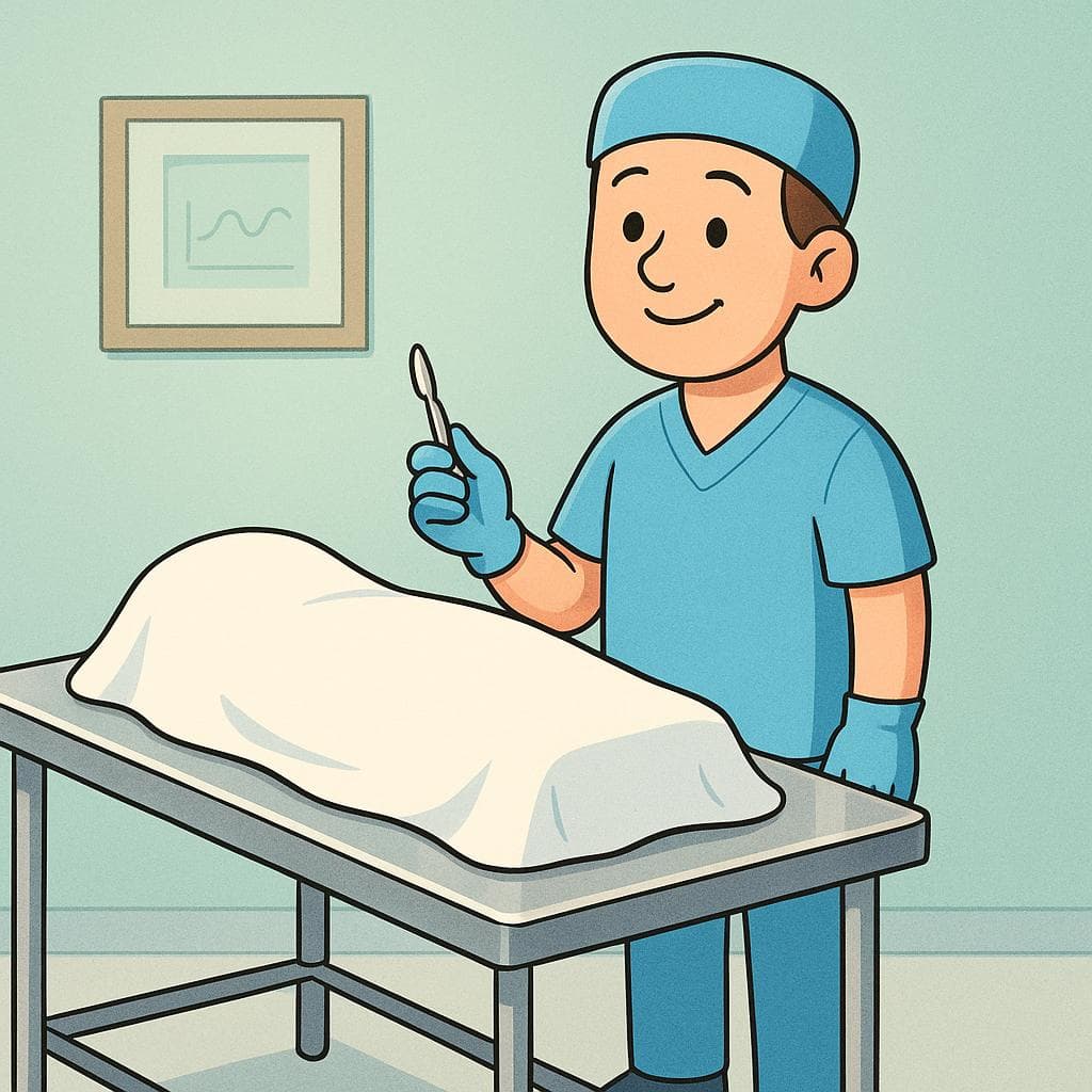 Une illustration simple et de haute qualité de style livre d'histoires montrant un médecin en blouse chirurgicale bleue et gants examinant une figure allongée sur une table en acier inoxydable dans une pièce stérile, représentant un examen post-mortem.
