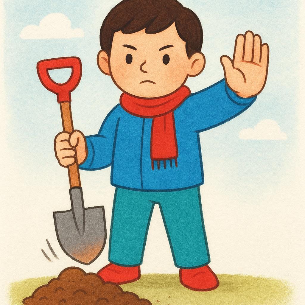 活動を止めている人物のシンボル。土の山にシャベルを置き、動作を中止する決定的なジェスチャーで手を上げている。